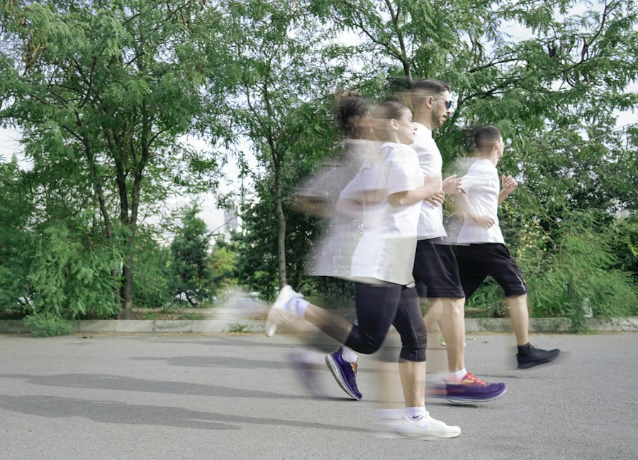 Runners training together in a park
